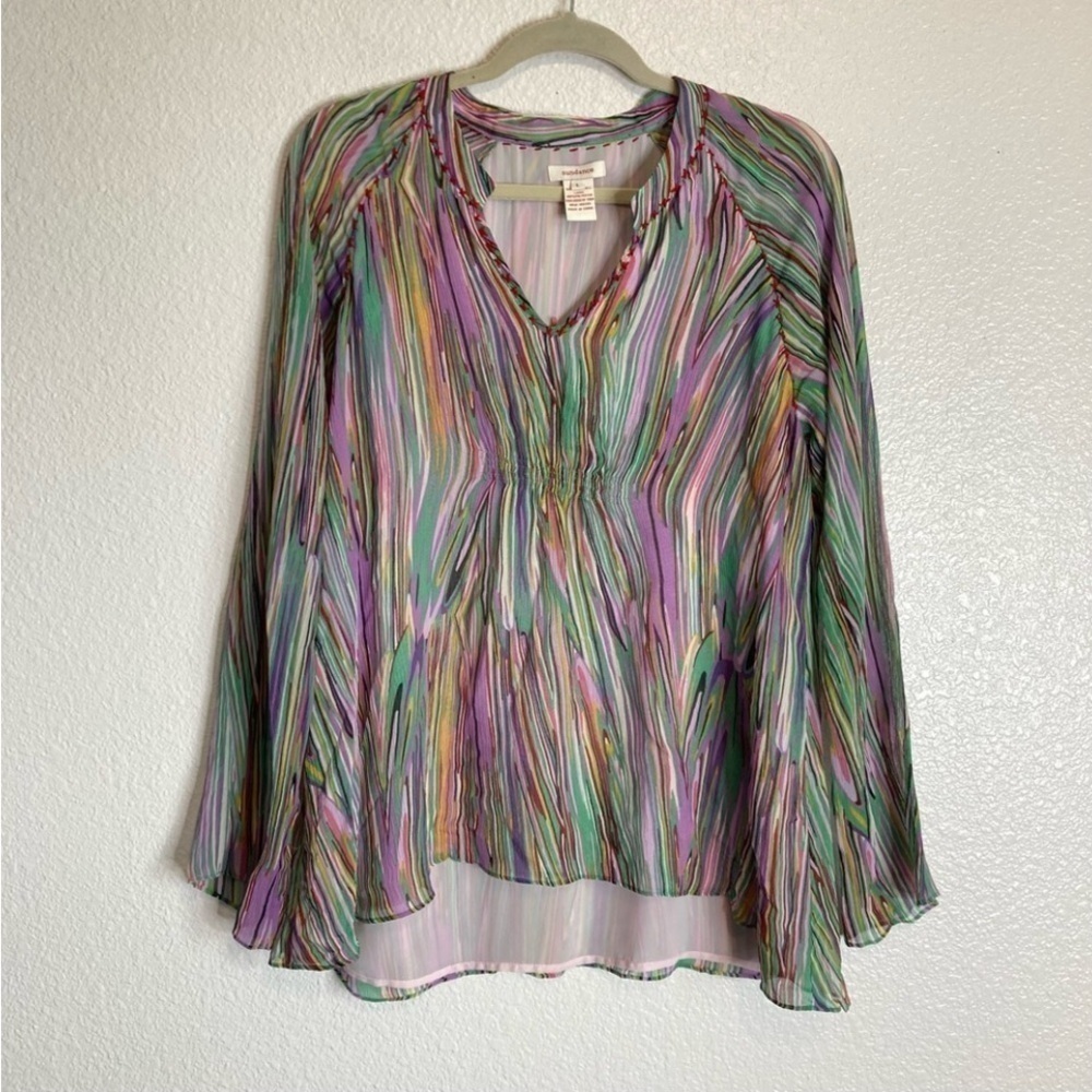Sundance Multistripe V-Neck Long Sleeve Blouse in Pastel Hues - Picture 9 of 9
